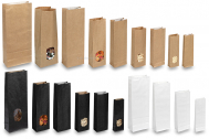 Saco de papel com fundo bloco - castanho, preto e branco, com e sem janela | Envelopesonline.pt