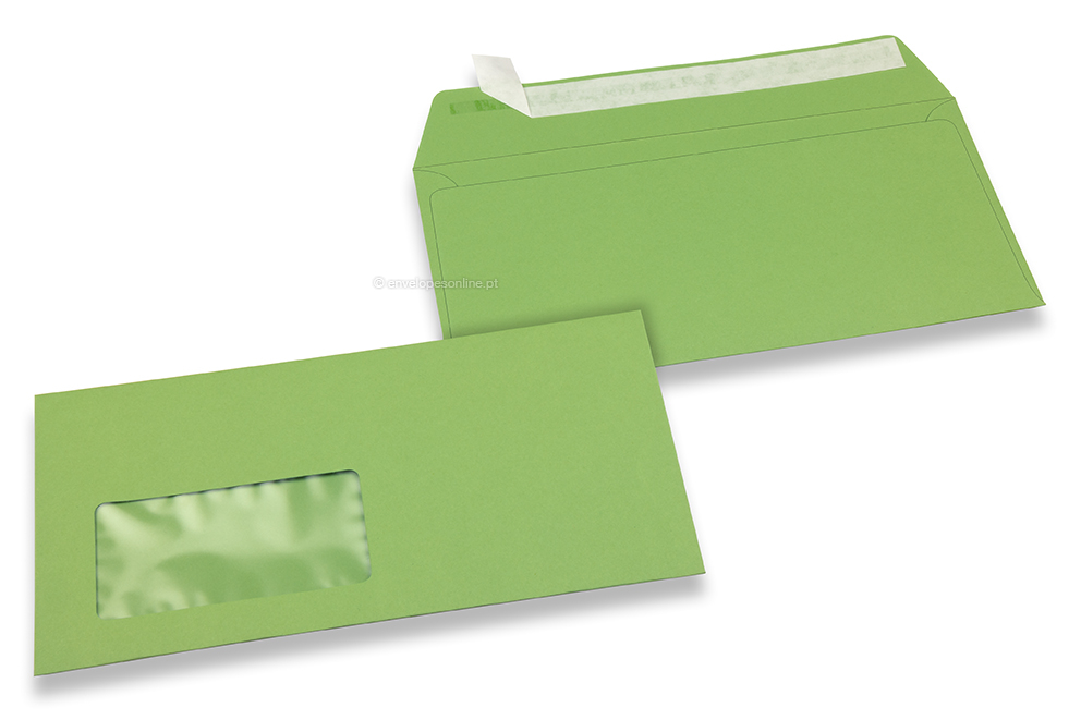 Verde maçã, envelopes coloridos com janela, 110 x 220 mm (DL), formato da janela 45 x 90 mm, posição da janela a 20 mm da esquerda / 15 mm de baixo, fecho adesivo, papel colorido 120 gramas