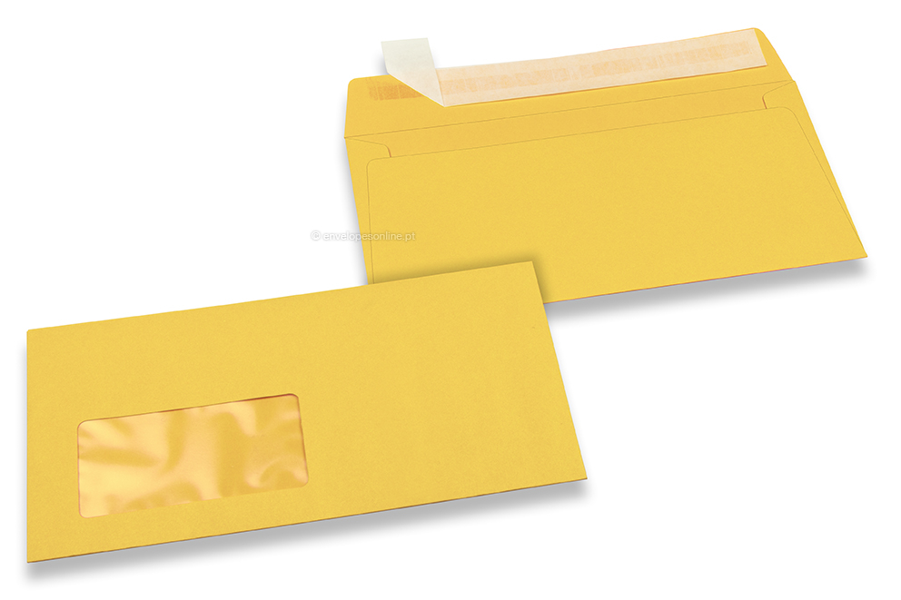 Amarelo botão-de-ouro, envelopes coloridos com janela, 110 x 220 mm (DL), janela à esquerda, formato da janela 45 x 90 mm, posição da janela a 20 mm da esquerda / 15 mm de baixo, fecho adesivo, papel colorido 120 gramas