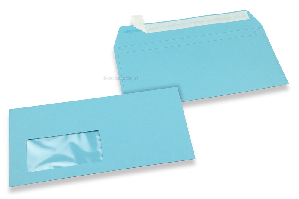 Azul céu, envelopes coloridos com janela, 110 x 220 mm (DL), janela à esquerda, formato da janela 45 x 90 mm, posição da janela a 20 mm da esquerda / 15 mm de baixo, fecho adesivo, papel colorido 120 gramas