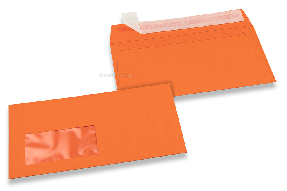 Cor de laranja, envelopes coloridos com janela, 110 x 220 mm (DL), janela à esquerda, formato da janela 45 x 90 mm, posição da janela a 20 mm da esquerda / 15 mm de baixo, fecho adesivo, papel colorido 120 gramas