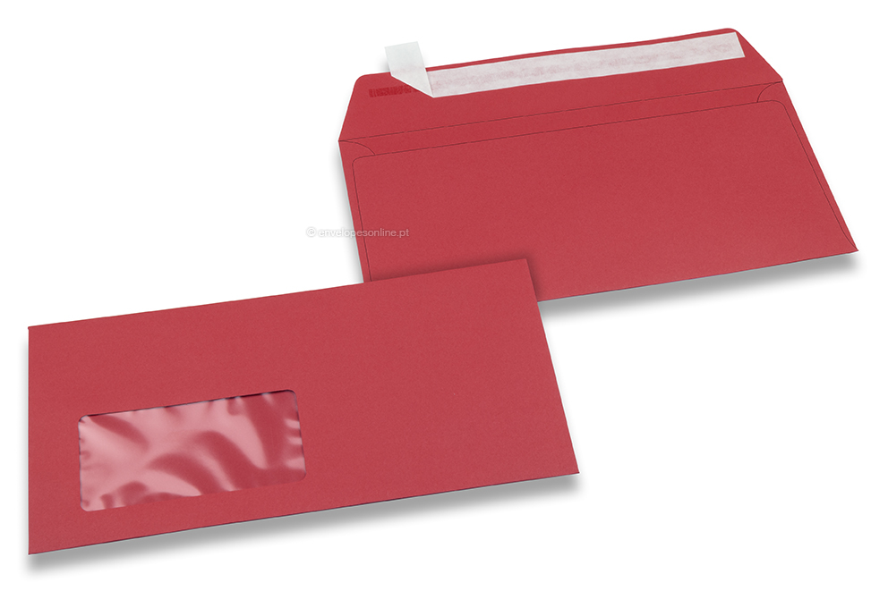 Vermelho, envelopes coloridos com janela, 110 x 220 mm (DL), janela à esquerda, formato da janela 45 x 90 mm, posição da janela a 20 mm da esquerda / 15 mm de baixo, fecho adesivo, papel colorido 120 gramas