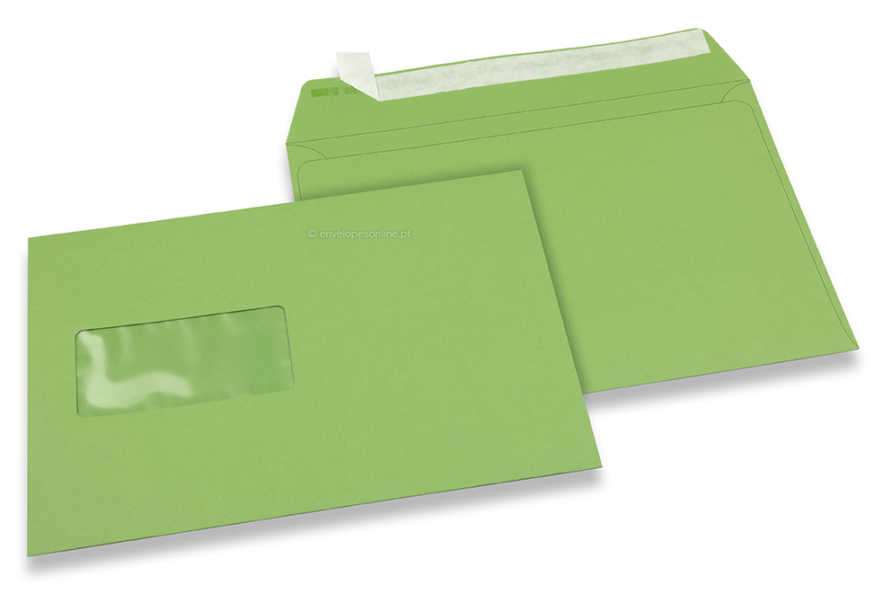 Verde maçã, envelopes coloridos com janela, 110 x 220 mm (DL), formato da janela 45 x 90 mm, posição da janela a 20 mm da esquerda / 15 mm de baixo, fecho adesivo, papel colorido 120 gramas