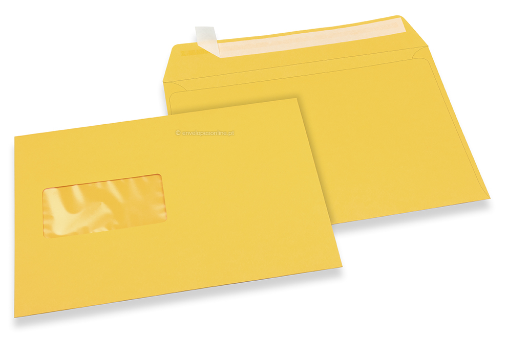 Amarelo botão-de-ouro, envelopes coloridos com janela, 162 x 229 mm (A5), janela à esquerda, formato da janela 45 x 90 mm, posição da janela a 20 mm da esquerda / 60 mm de baixo, fecho adesivo, papel colorido 120 gramas
