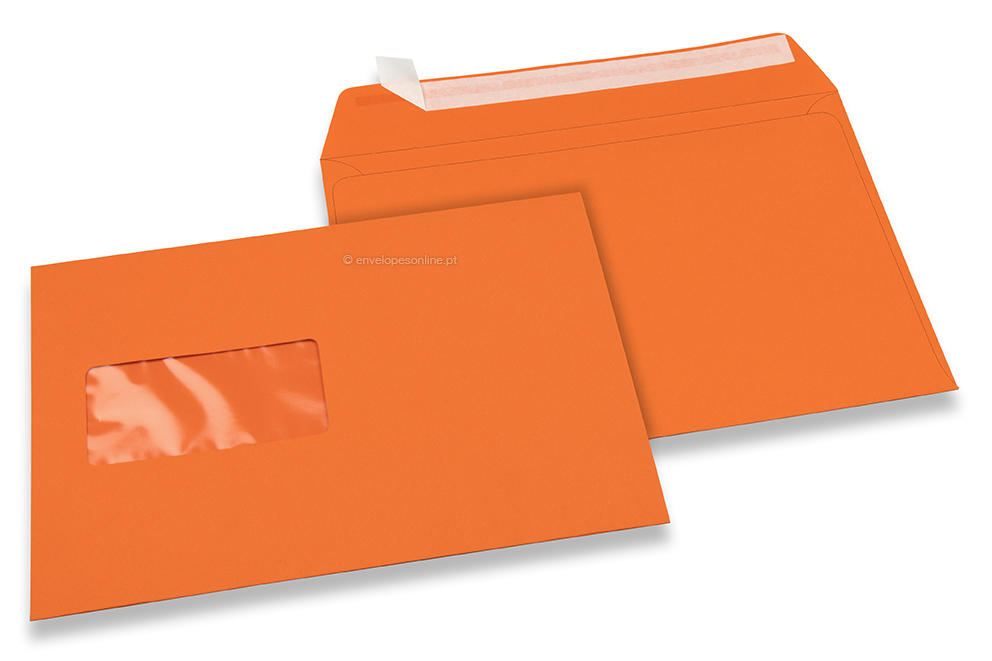 Cor de laranja, envelopes coloridos com janela, 162 x 229 mm (A5), janela à esquerda, formato da janela 45 x 90 mm, posição da janela a 20 mm da esquerda / 60 mm de baixo, fecho adesivo, papel colorido 120 gramas