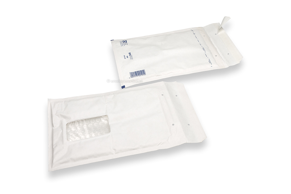 Envelopes almofadados brancos com janela - 175 x 265 mm, janela à esquerda 55 x 90 mm, posição da janela 30 mm do esquerda e 70 mm do cima