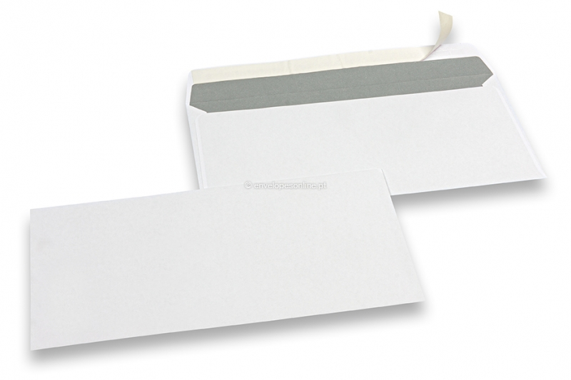 Envelopes de papel branco, 110 x 220 mm (DL), 80 gramas, fecho autocolante, peso unit. aprox. 4 g. 