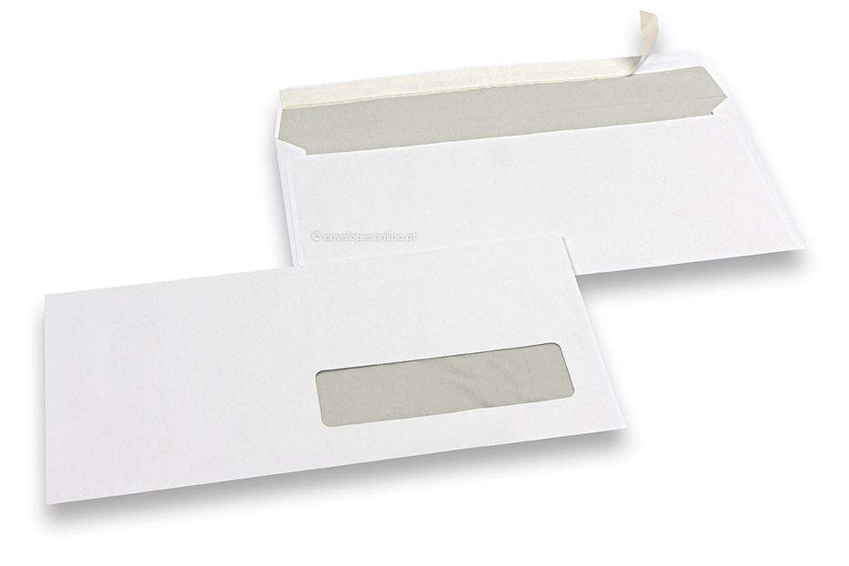Envelopes com janela, branco, 110 x 220 mm (EA5/6), janela à direita 30 x 100 mm, posição da janela 15 mm do direita e 20 mm do baixo, 80 gramas, fecho autocolante