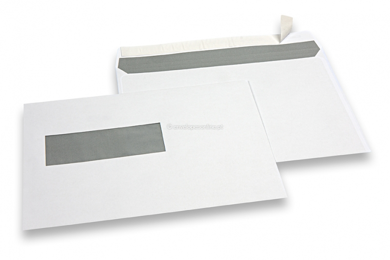 Envelopes com janela, branco, 162 x 229 mm (C5), janela à esquerda 40 x 110 mm, posição da janela 20 mm do esquerda e 72 mm do baixo, 90 gramas, fecho autocolante, peso unit. aprox. 7 g.