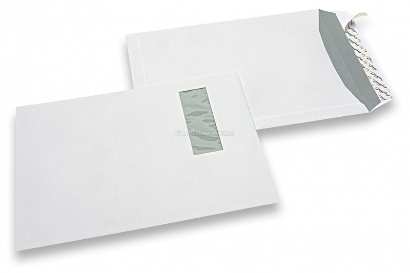 Envelopes com janela, branco, 220 x 312 mm (EA4), janela à esquerda 40 x 110 mm, posição da janela 20 mm do esquerda e 50 mm do cima, 120 gramas, fecho autocolante, peso unit. aprox. 18 g.