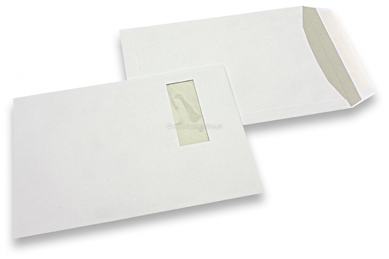 Envelopes com janela, branco, 220 x 312 mm (EA4), janela à esquerda 40 x 110 mm, posição da janela 20 mm do esquerda e 50 mm do cima, 120 gramas, fecho com goma, peso unit. aprox. 18 g.