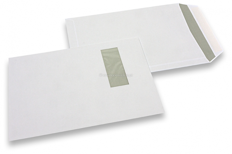 Envelopes com janela, branco, 229 x 324 mm (C4), janela à esquerda 40 x 110 mm, posição da janela 20 mm do esquerda e 60 mm do cima, 120 gramas, fecho com goma, peso unit. aprox. 20 g.