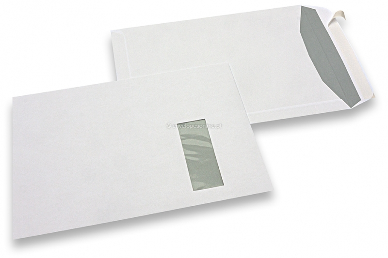 Envelopes com janela, branco, 229 x 324 mm (C4), janela à direita 40 x 110 mm, posição da janela 20 mm do direita e 60 mm do cima, 120 gramas, fecho autocolante, peso unit. aprox. 20 g.