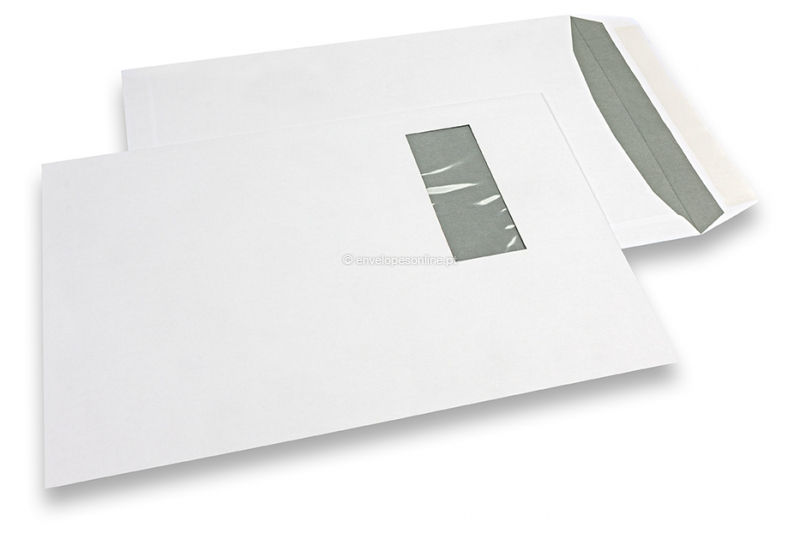 Envelopes com janela, branco, 240 x 340 mm (EC4), janela à esquerda 45 x 110 mm, posição da janela 25 mm do esquerda e 70 mm do cima, 120 gramas, fecho autocolante, peso unit. aprox. 21 g.