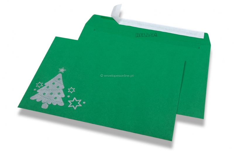 Envelopes de Natal coloridos - Verde, com árvore de Natal