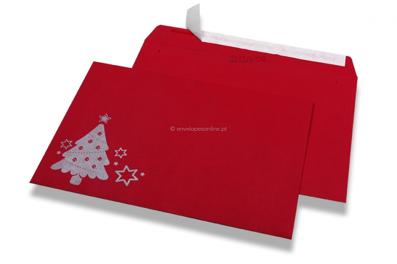 Envelopes de Natal coloridos - Vermelho, com árvore de Natal