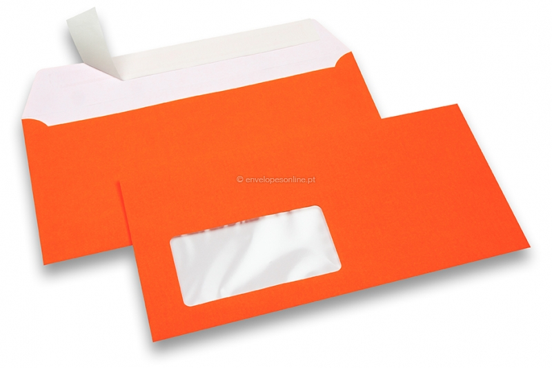 Envelopes néon - laranja, com janela 45 x 90 mm, posição da janela 20 mm do lado esquerda e 15 mm do abaixo