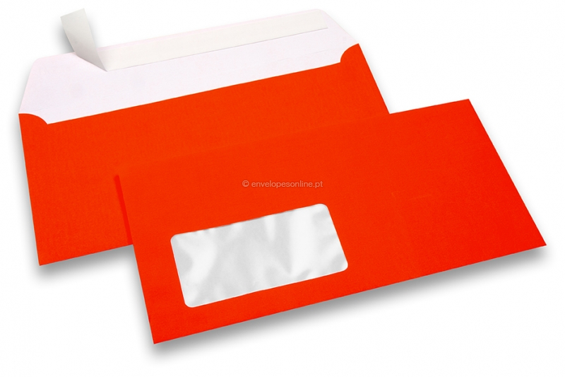 Envelopes néon - vermelho, com janela 45 x 90 mm, posição da janela 20 mm do lado esquerda e 15 mm do abaixo