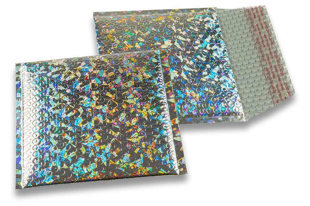 Envelopes almofadados de plástico metalizado ECO - prateado holográfico 165 x 165 mm