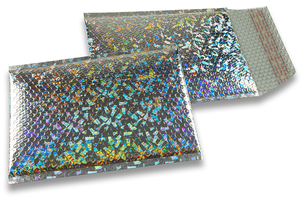 Envelopes almofadados de plástico metalizado ECO - prateado holográfico 180 x 250 mm