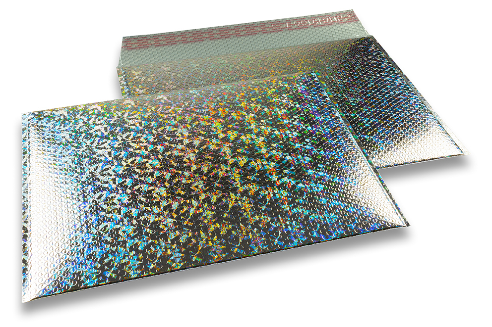 Envelopes almofadados de plástico metalizado ECO - prateado holográfico 320 x 425 mm
