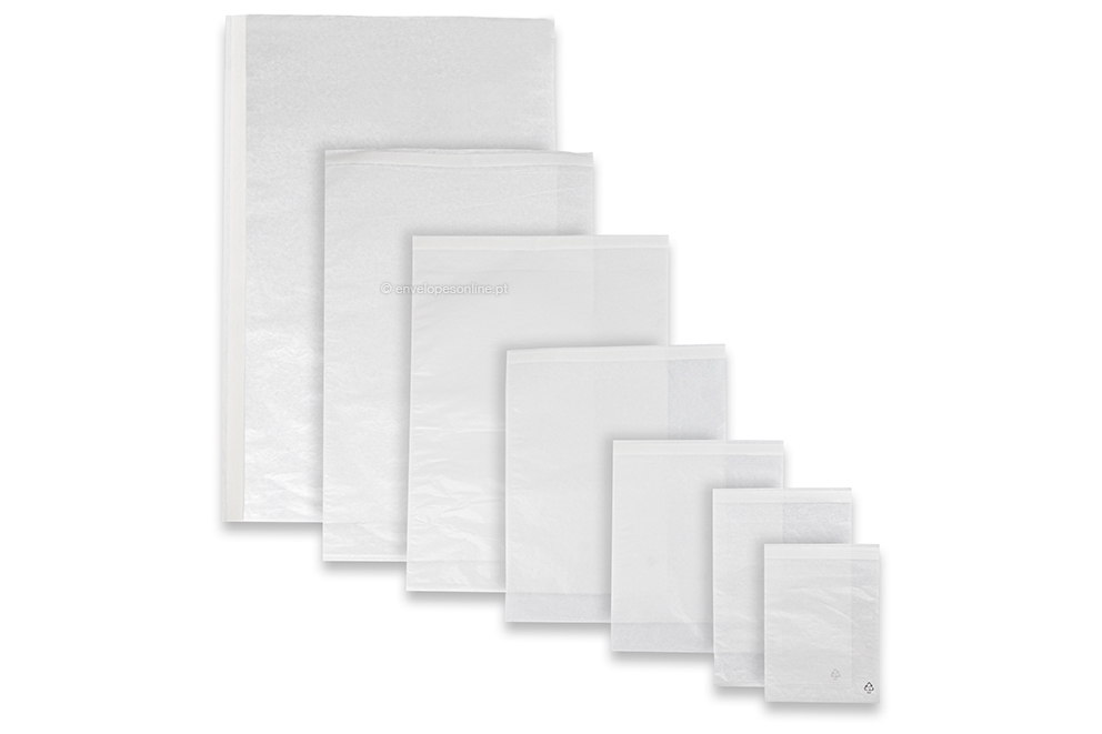 Sacos de glassine branco com fita adesiva