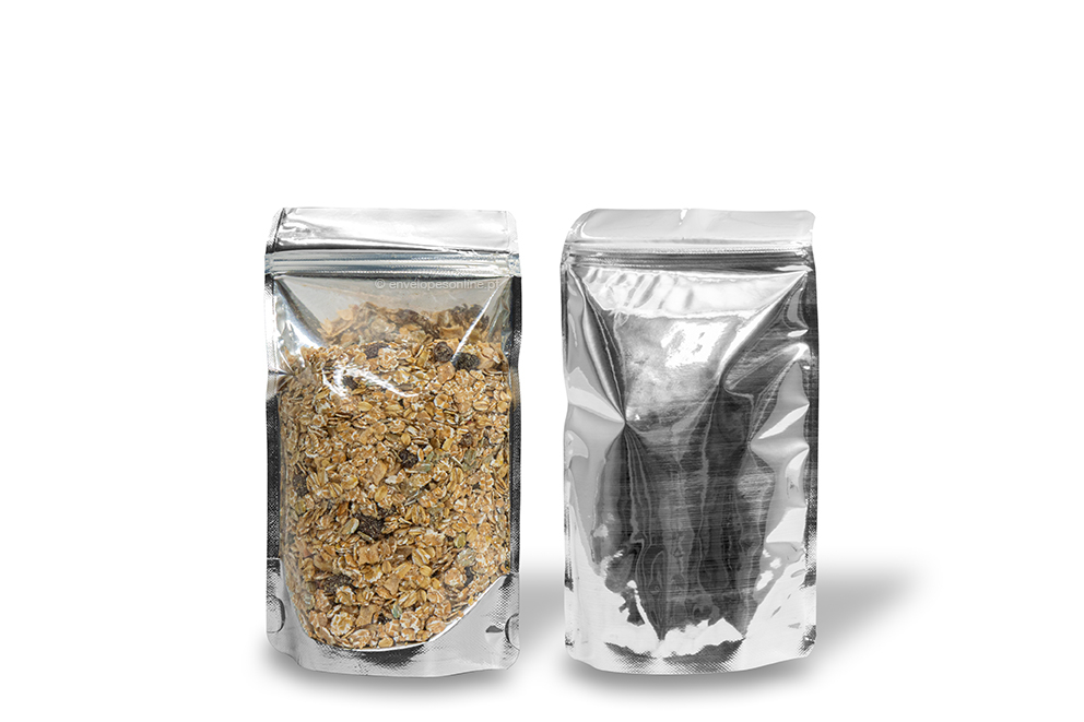 Sacos de fundo bloco metálicos transparentes - prateado metalizado, 130 x 225 x 70 mm - 500 ml