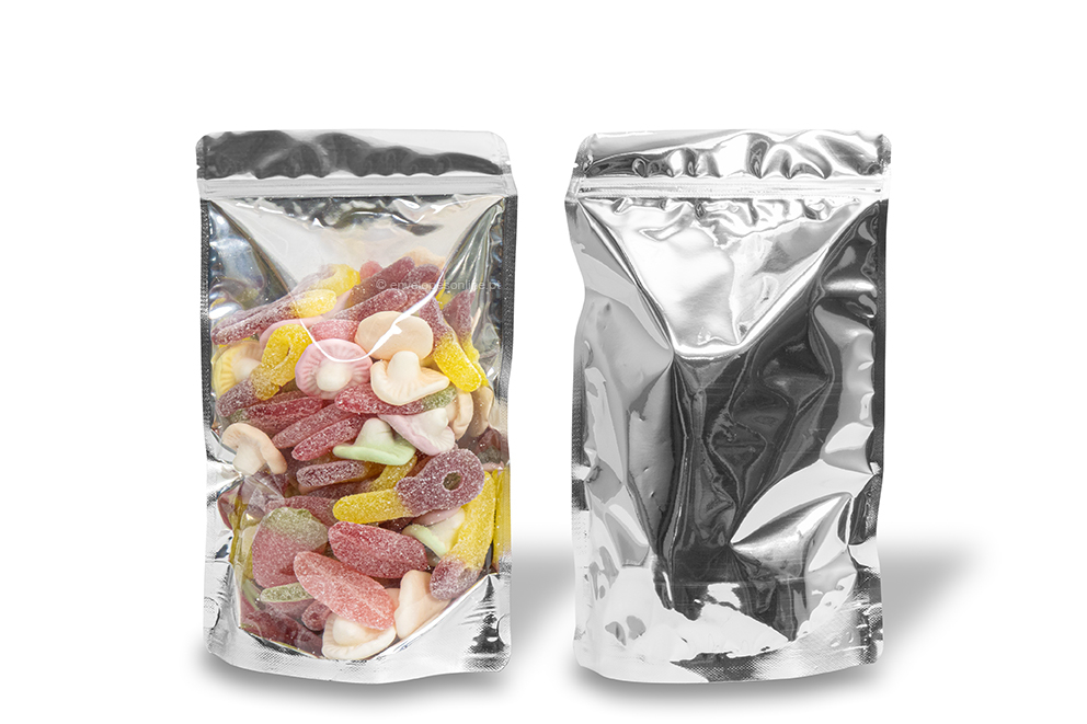 Sacos de fundo bloco metálicos transparentes - prateado metalizado, 160 x 270 x 80 mm - 750 ml