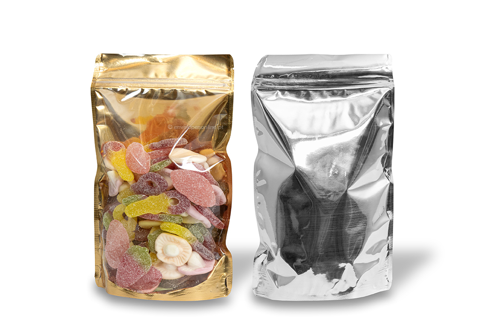 Sacos de fundo bloco metálicos transparentes - dourado metalizado, 160 x 270 x 80 mm - 750 ml